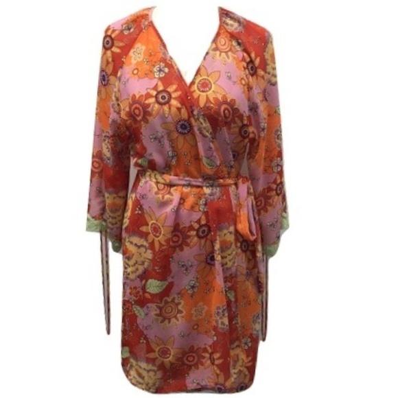 Josie Natori Silk Floral Wrap Dress Size L